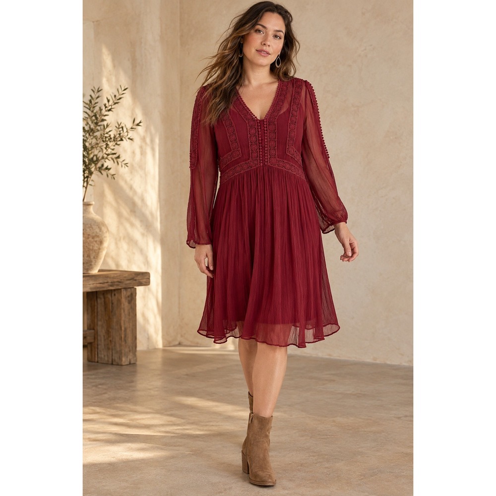 Sundance Dress Women 14 Burgundy Crochet Lace Boho Sheer Whimigoth Romantic